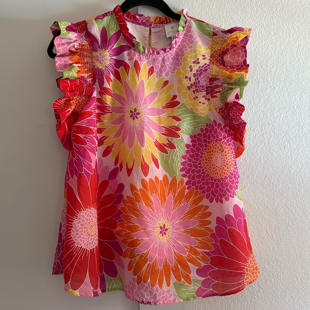 J. Marie NWOT Small Multicolor Floral Ruffle Crewneck Blouse Preppy Colorful